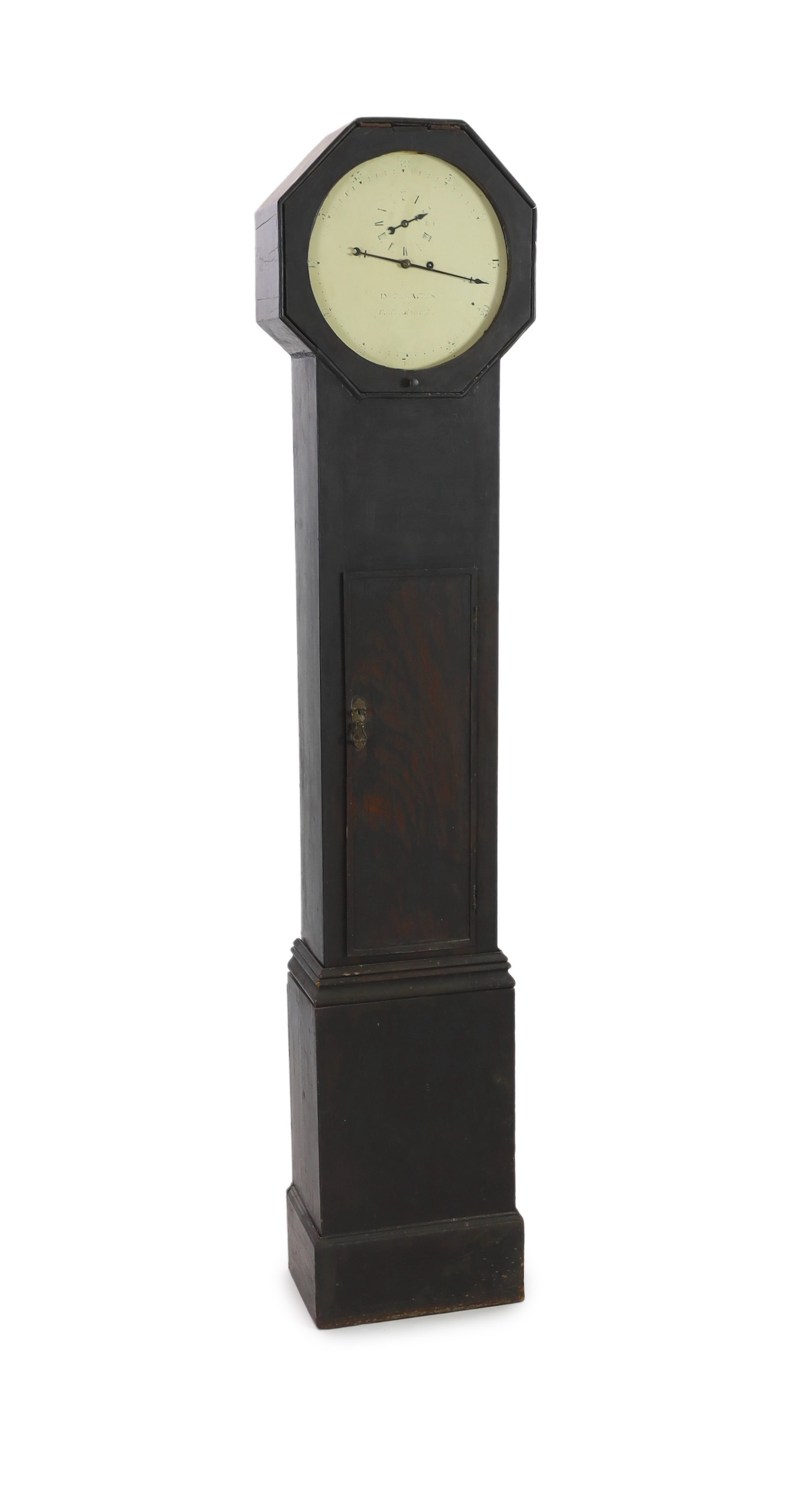 John Thwaites of Clerkenwell. An early 19th century ebonised pine thirty hour longcase clock, W.44cm H.212cm